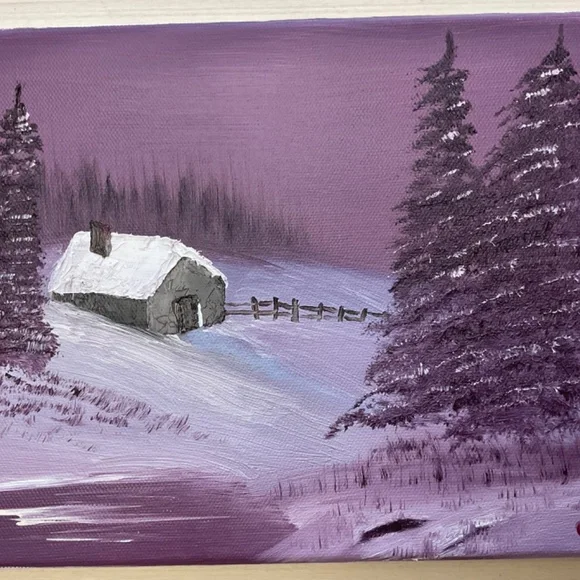 Cabin in the Woods Snowy Scene Purple Sky Oil Painting 8x10 - Picture 2 of 10